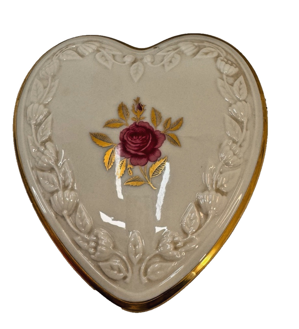 Vintage Lenox Heart Shaped Trinket Box Pink Rose Gold Trim Ivory Porcelain USA
